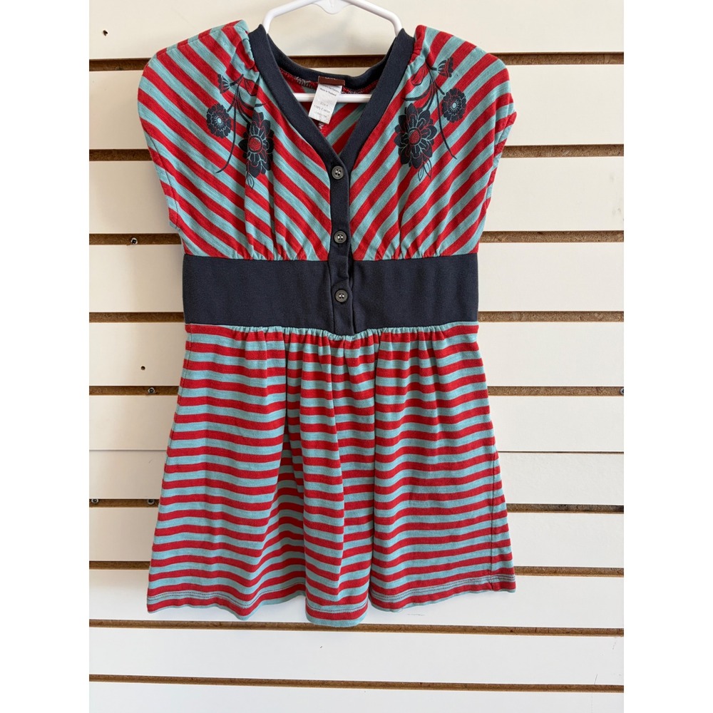 Tea Collection Girls Red Teal Striped Floral Empire Waist Cotton Dress Size 4